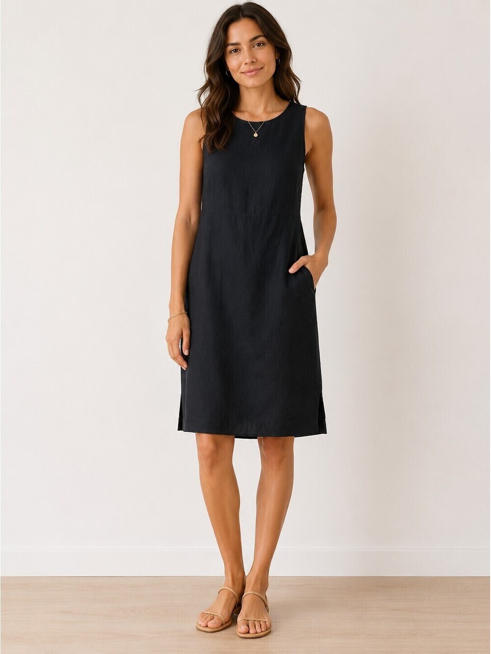 Garnet Hill Black Sleeveless Shift Dress Size 4 Minimalist Linen Look Midi Dress